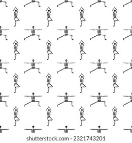 Black skeletons in yoga pose, seamless pattern. Funny human skeletons in hatha yoga positions, texture banner template. Monochromatic design on white background. Hand drawn vector Illustration