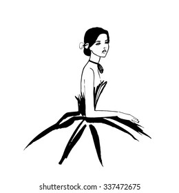 Black sketch ballerina in black dress, vector
