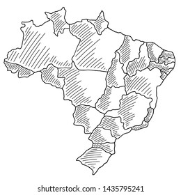 Black sketch of Brazil Map on a white background. Drawing with black brush strokes