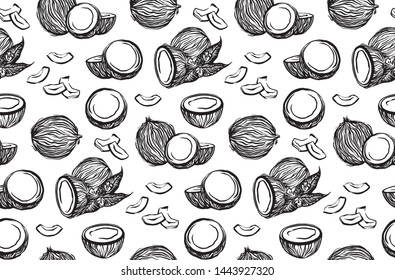 Black sketch coconuts outline seamless pattern. Vector ink drawing coco fruits. Hand drawn graphic illustration, isolated on white background.