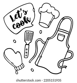 Black sketch cooking apron with lettering Let's Cook. Apron, chef's hat, chef's mitts hand-drawn outline doodle cartoon style Vector Illustration. Protective clothing for the kitchen