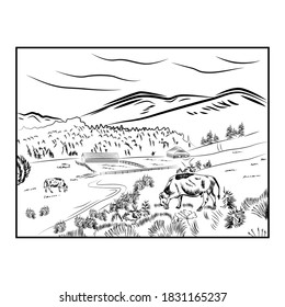 Black sketch cow farm landscape poster with cow grazing in a meadow next to mountains.