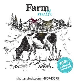 Black sketch cow farm landscape poster with cow grazing in a meadow next to mountains vector illustration