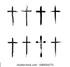 Black sketch crosses vector set. Grunge religious, baptism, christian crosses, crucifix symbols graphic paint set. Crucifix christian symbol isolated on white background. Icons catholic crosses.