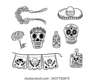 Black sketch drawings of items related to Dead day. Vector black outline drawings on white background. Ideal for decoration, coloring pages, stickers, tattoo, pattern