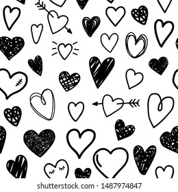 Black Sketch Hearts Pattern. Beautiful Love Seamless Pattern With Heart And Arrow, Cartoon Hipster Beauty Valentines Day Hand Drawn Texture Graphic