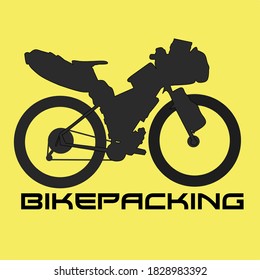 black sketch illustration of a touring bicycle and the words "BIKEPACKING", can be used as a logo.