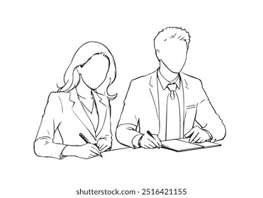 Black Sketch Line Drawing Silhouettes of Man and Woman Working in Office. Insurance Concept Minimalist Linear Cartoon Style. Two Business People Vector Illustration