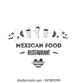 Black sketch mexican food logo. Fast food cafe design template