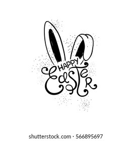 Black Sketch Minimalism Easter Greeting Card With Bunny Ears And Lettering. 