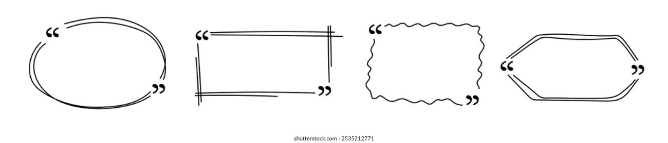 Black sketch of quote frame without text. Crooked empty communication box for citation.