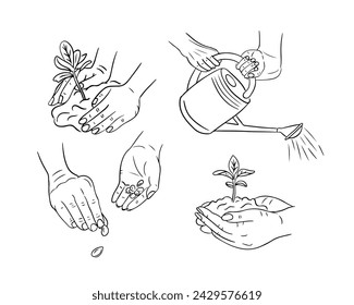 Conjunto de boceto negro de manos cultivando plantas. Vector dibujado a mano ilustraciones sobre fondo blanco. Concepto de sostenibilidad ecológica. Ideal para colorear páginas, tatuaje, patrón, conjunto de pegatinas