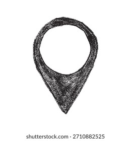 Black sketch style map marker with rough texture. Hand drawn location pin vector suitable for navigation, maps, and grunge designs.
