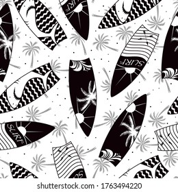 Black sketch style surfing boards and signs vector seamless pattern. Summer seamless pattern. Print for fabric design.