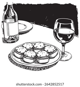 Black Sketch Vetor ilustração de um doces, vinho, garrafa, vidro, restaurante - prato, mesa
