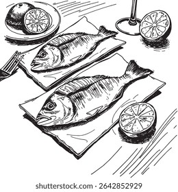 Black Sketch Vector Print illustration of a fish at a restaurant- plate, table, menu, napkins, lemon
