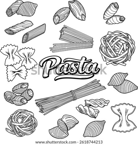 Black Sketch vector of various uncooked pasta shapes and "Pasta" lettering. line art highlights penne, spaghetti, farfalle, fusilli, conchiglie, and tagliatelle. Ideal for menu food-related design