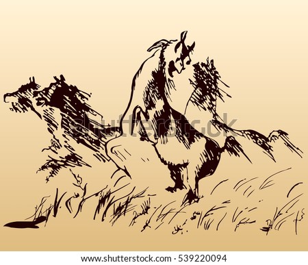 Black sketch of a wild herd of horses galloping in a field Stock photo © 