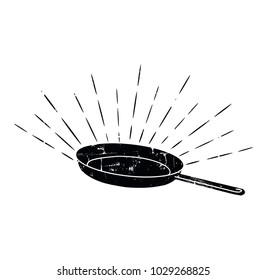 Black Sketched Cast-Iron Frying Pan.  Retro Style. Cookery Poster. Design Elements for Cooking Club, Cafe, Restaurant or Home Cooking. Vector illustration.