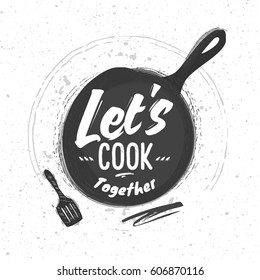 Black sketched cast-iron frying pan with the slogan - Let's Cook Together