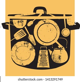 Black Sketched Silhouette of Pot.  Retro Style. Cookery Poster. Design Element for Cooking Club, Cafe, Restaurant or Home Cooking. Vector illustration.