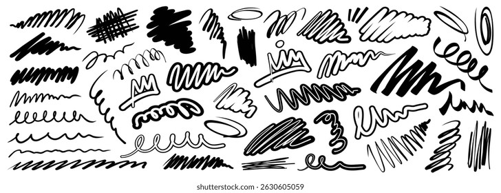 Black sketches, strokes, and doodles on a white background. Hand-drawn squiggly lines, spirals, underlines, and crowns, decorative elements for creative design and note-taking
