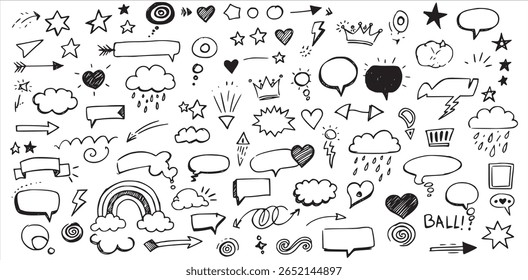 Black sketch-style speech bubbles and emoji icons – hand-drawn vector collection for pop art, texting, dialogue, messaging, and communication illustrations

