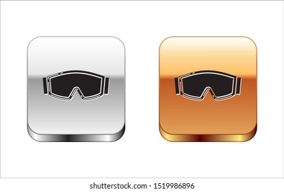 Black Ski goggles icon isolated on white background. Extreme sport. Sport equipment. Silver-gold square button. Vector Illustration