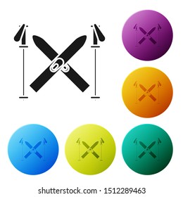 Black Ski and sticks icon isolated on white background. Extreme sport. Skiing equipment. Winter sports icon. Set icons colorful circle buttons. Vector Illustration