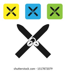 Black Ski and sticks icon isolated on white background. Extreme sport. Skiing equipment. Winter sports icon. Set icons colorful square buttons. Vector Illustration