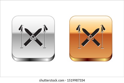 Black Ski and sticks icon isolated on white background. Extreme sport. Skiing equipment. Winter sports icon. Silver-gold square button. Vector Illustration