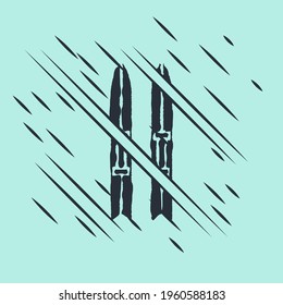 Black Ski and sticks icon isolated on green background. Extreme sport. Skiing equipment. Winter sports icon. Glitch style. Vector
