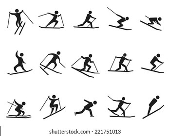 black skiing stick figure icons set