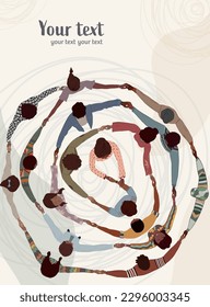 Black skin African American men women People group holding hands in a spiral circle.Top view.Template banner poster copy space. Black history month concept.Racial equality. Identity