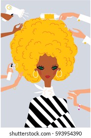 Black skin beautiful woman in hair salon. Working hands with hair spray, fan, mask making hairstyle. Vector illustration. Leo horoscope woman sign.