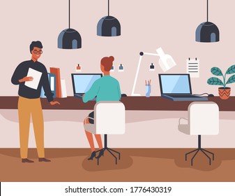 Black skin colleagues at modern co working office vector flat illustration. Male clerk hold paper document talk to female during work on laptop. Boss and employee communicate at corporate workspace