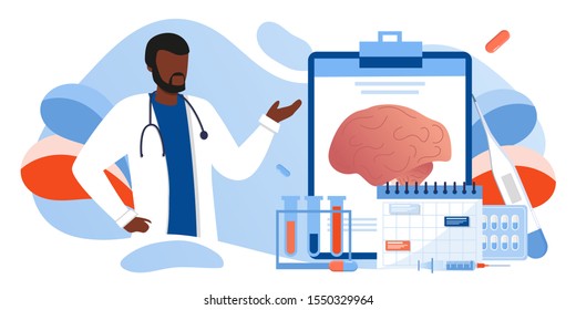 Black skin Doctor is diagnosing the brain and senses diseases banner. Headache, oxygen-deprived brain, migraine. Head tomography. chemical experiment, neurology. Diagnostics development hemisphere. 