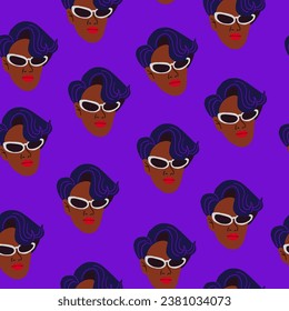 Black skin fashion influencer face pattern on violet background. Stylish black skin woman with red lips pattern