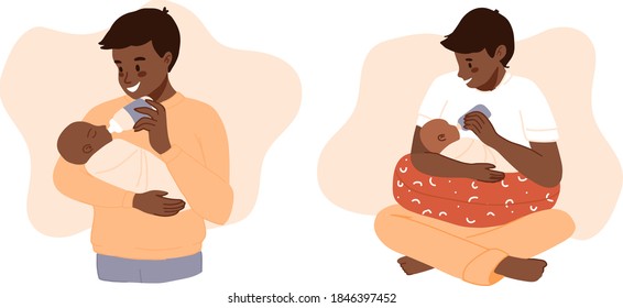 Schwarze Haut Vater füttert Neugeborene. Kinderfutterplätze eingestellt. Der Afrikanische Mann füttert Säuglinge mit Milchflasche. Vatertagsbanner, Clipart. Cartoon, Vektorgrafik. Fröhliche moderne Vaterschaft