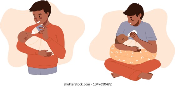 Schwarze Haut Vater füttert Neugeborene. Kinderfutterplätze eingestellt. Der Afrikanische Mann füttert Säuglinge mit Milchflasche. Vatertagsbanner, Clipart. Cartoon, Vektorgrafik. Fröhliche moderne Vaterschaft