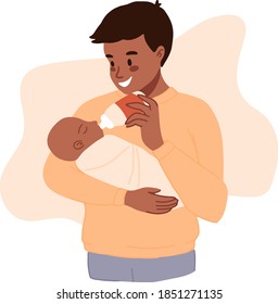 Black Skin Father Feeding Newborn. Baby Feeding Position. African Man Feeds Infant With Milk Bottle. Father's Day Banner, Clip Art. Cartoon Vector Illustration. Happy Modern Fatherhood