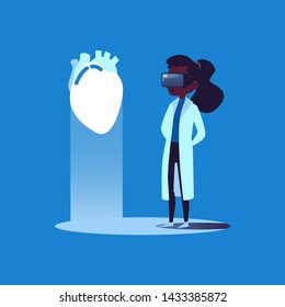 Black skin female doctor in a virtual reality glasses examines a human heart, flat cartoon vector illustration background. Technology in the healthcare and medicine concept.
