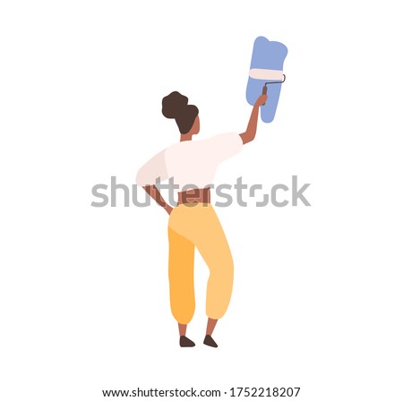 Black skin female professional painter painting on wall holding paint roller vector flat illustration. Back view creative woman decorator writing advertising text isolated on white background