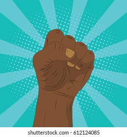 Black skin fist on an blue background. Pop-art. Vector.
