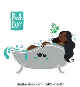 The black skin girl in a bath. Illustration about hygiene and caring for body. Cartoon flat style. Happy afro american character.