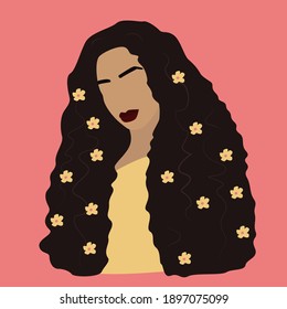 Black skin girl with flowers in her hair. Spring illustration in trendy modern style. Abstract woman clip art. Minimal vector illustration. EPS 10