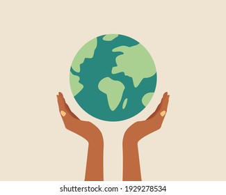 Black skin hands holding globe, earth. Earth day concept. Earth day vector illustration for poster, banner,print,web. Saving the planet,environment.Modern cartoon flat style illustration