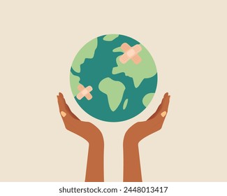 Black skin hands holding globe, earth with band aid. Earth day concept. Earth day vector illustration for poster, banner,print,web. Saving the planet,environment.Modern cartoon flat style illustration