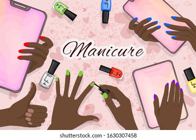 Black skin hands with painted nails and a set of nail polishes. Cartoon style. Vector illustration