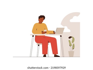 Black skin male freelancer works in cafe and drinks coffee. Young man sitting at table and using laptop for chatting or online meeting. Self employed guy at comfortable coworking. Vector illustration